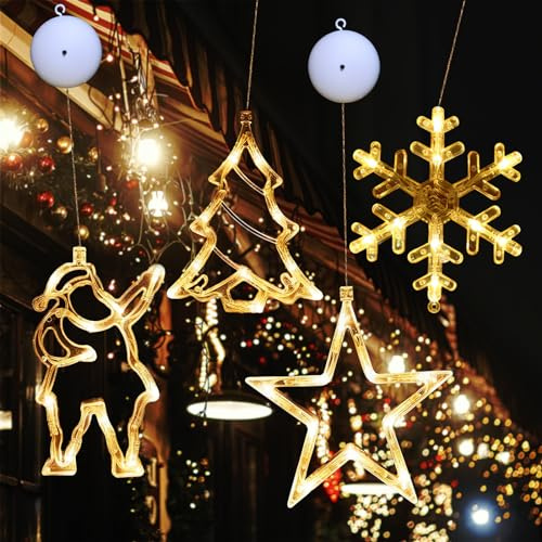 RosyFate Weihnachtsbeleuchtung Fenster, 4 x Saugnapf Lichterkette Fenster, Fensterdeko Hängend Fensterlicht mit Saugnapf LED, Christmas Decorations Indoor/Outdoor (Schneeflocke)