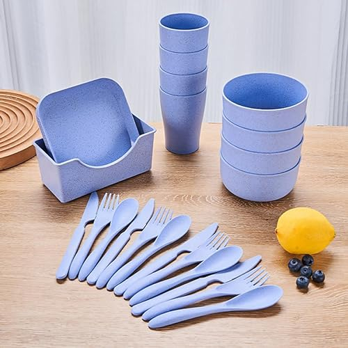 OriGlam 25pcs Plates and Bowls Sets Dinnerware Sets, Plastic Picnic Party Camping Dinner Sets Dishes Set, Plates Mugs Bowls Dishes Cutlery Set Microwave Safe (Blue)
