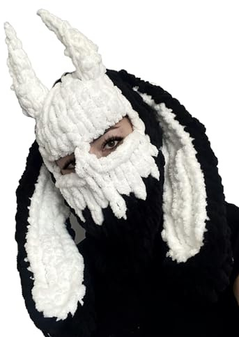 LingXuanGe Hasenohren-Beanie-Mütze, Hasenohren-Kappe, Damen-Strick-Häkelmütze, Häkelmütze, Häkelmützen für Frauen, Hasenohren, flauschige Mütze, Schwarz-weißes Horn, Einheitsgröße
