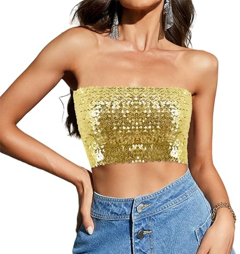 Segreto damer glitter paljetter rör topp sexig ärmlös vintage bandeau topp sjöjungfru axelbandslös crop top party axelbandstopp, Kort guld, En Storlek