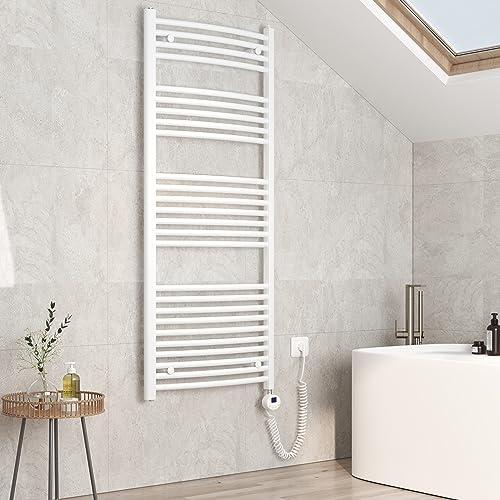 EMKE Badheizkörper Elektrisch 140 x 60 cm, Gebogen Handtuchheizkörper Elektrisch mit Thermostat, Handtuchtrockner Handtuchwärmer mit Timer Weiß 600W