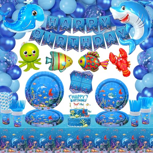163 Pack Under the Sea Party Supplies Ocean Sea Party Tableware Set Plates Cups Napkins Tablecloth Banner Balloons Cake Toppers for Underwater World Birthday Ocean Animal Decorations Serves 20