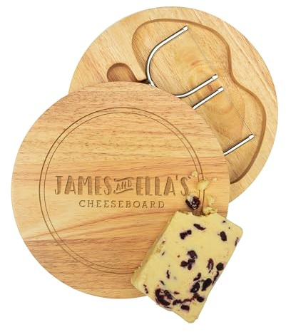 Personalised Engraved Round Wooden Cheese Board Set with Wire Cutter | New Home Gift for Couples | 5th Wedding Anniversary | Custom Cheeseboard for Cheese Lovers