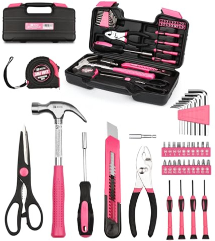 B BOSI TOOLS 40-Piece Pink Tool Set- General Household 40 PCS Hand Tool Kit with Plastic Toolbox Storage Case (Pink)