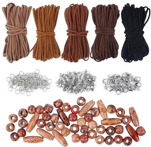 Luabue 5 Pezzi Colori Cordoncino in Pelle 2.6mm x 10m Cordino in Pelle Scamosciata Corde in Pelle con Accessori e Perline di Legno Corda di Cuoio per Braccialetti Gioielli Fai Da Te