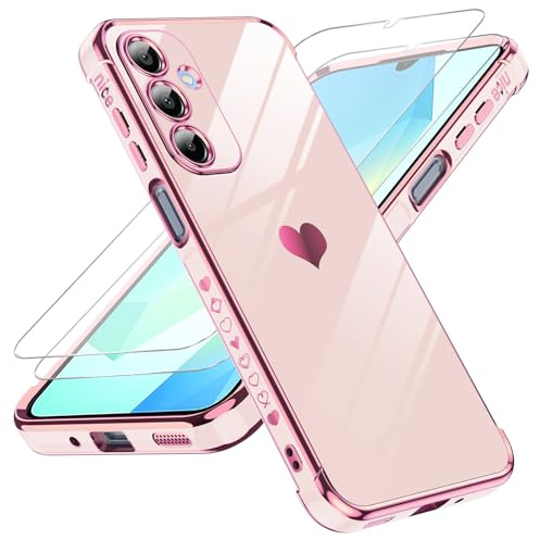 LeYi Coque pour Samsung Galaxy A16 4G / 5G avec 2 Verre Trempé Silicone Forme de Coeur d'amour, Housse Étui de Protection Antichoc Anti-Rayures Souple TPU Légère Coque Samsung A 16 - Rose
