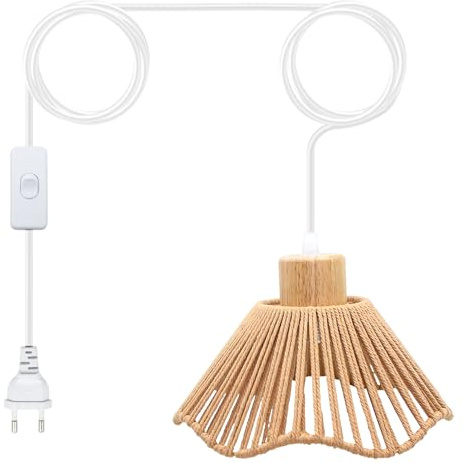 Lámpara Colgante con Enchufe e Interruptor, Kit Lámpara Colgante con Cable de 500CM, Vintage Lámpara Colgante con Pantalla de Cuerda de Cáñamo, Portalámparas E26/E27 Lámpara Bohemia Rústica