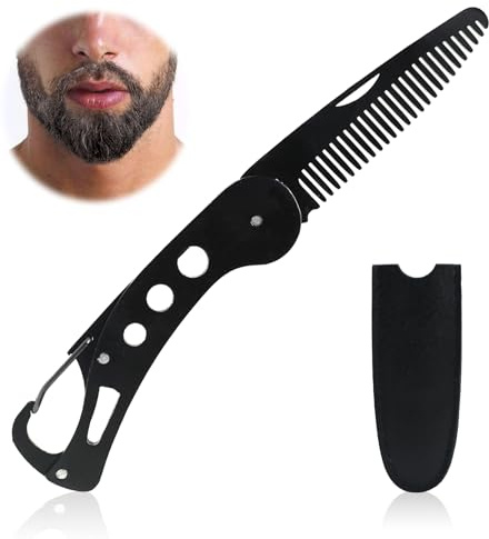 Folding Stainless Steel Beard Comb with Carrying Pouch - Portable Hair and Grooming Pocket Comb for Men and Women - Travel Gift