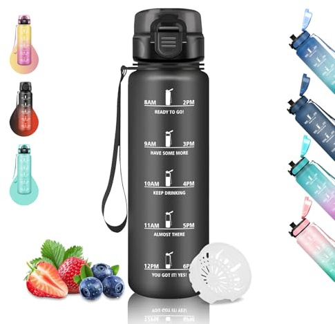 Gourde- 1l- Gourde Sport, Anti-Fuite, Gourd Graduée pour Running, Gourd Motivation avec Marqueur de Temps, Bouteille Horaire pour adulte, Facile à Nettoyer, pour Camping, Randonnée, Voyage, Noir