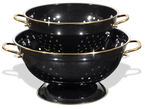Metal Colander 2 Pack, 3.5 Quart Powder Coated Self-draining Solid Ring Base Metal Large Kitchen Pasta Vegetable Fruit Strainer with Handle (L-BLACK)