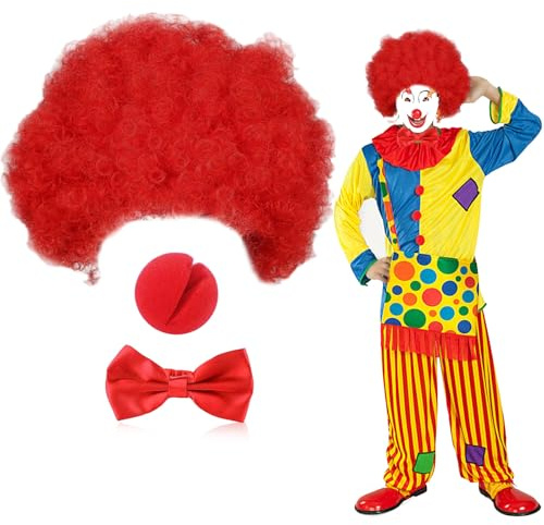 UILYNIU 3 Stück Clown Kostüm Set Herren Damen Clown Perücke Rot Perücke Lockige Clownsnasen Fliege für Party Karneval (Rot)