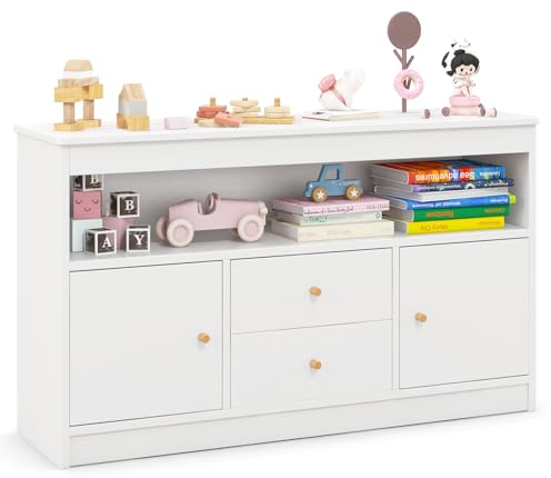 DREAMADE Spielzeug Regal, Kinderzimmer Möbel (Doppeltür, Weiß) | Kinderregal Spielzeugregal mit Schubladen, spielzeug aufbewahrung regal für Kinderzimmer, Wohnzimmer, Kindergarten, Kindermöb
