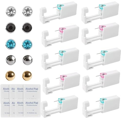 vnfsmy 10 Stück Ohrloch Stecher Set Ohrlochstechpistole Ohrlochpistole Einweg-Ohr Steril Piercing Pistolen Kit mit Ohrstecker und Alkoholwatte Ohrlöcher Selber Stechen Set für Mädchen Frauen Männer