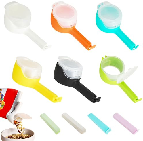 WATUNID Lot de 6 clips de fermeture avec bec verseur, clip distributeur de collations avec 4 clips de cuisine, clips de sac en plastique pour sacs, clips fraîcheur pour aliments, collations