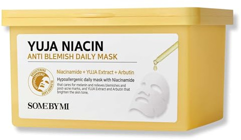 SOME BY MI Yuja Niacin Anti Blemish Daily Mask - 30 hojas, 11.8oz - Mascarilla facial diaria con niacinamida contra manchas oscuras - Solución blanqueadora y radiante para piel pálida - Piel coreana
