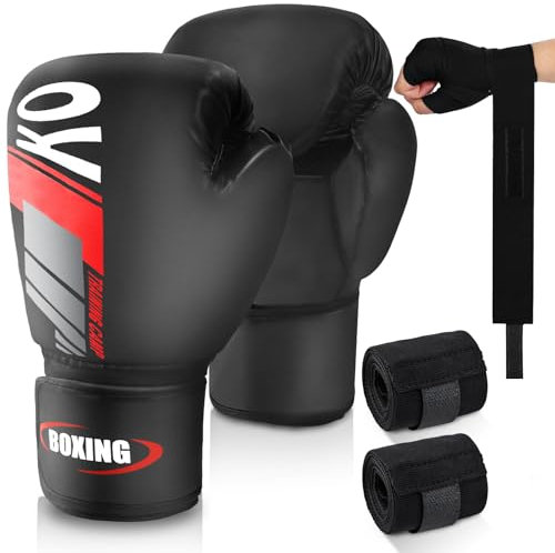 JUOIFIP Boxing Gloves, Ventilated Palm Boxing Gloves with Boxing Wraps MMA Men Women Adult for Boxing Bag Kickboxing, Heavy Punch Muay Thai Gloves Training 14oz