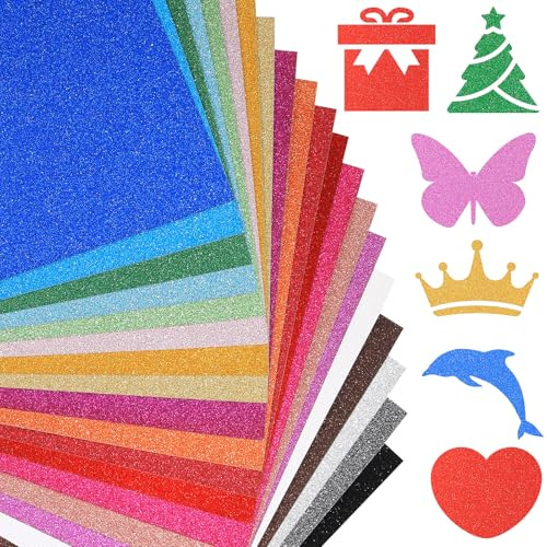 A4 Glitzer-Karton, 20 Bögen in 20 verschiedenen Farben, abriebfester Karton für Cricut, glänzendes Papier für Kartenherstellung, Bastelarbeiten, Scrapbooking und DIY-Projekte, 250 g/m²