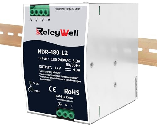 Fuente de alimentación carril DIN 12V,480W, 40A; transformador 230v a 12v led, carril DIN, fuente de alimentación 12 voltios, transformador campana, ReleyWell, NDR-480-12