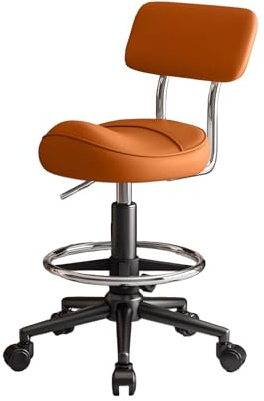 Drehhocker mit Rollen und Lehne Höhenverstellbar 55-70 cm Werkstatthocker Küchenhocker Dicke Polsterung Sattelstuhl Friseurhocker mit Fußringe(Orange)