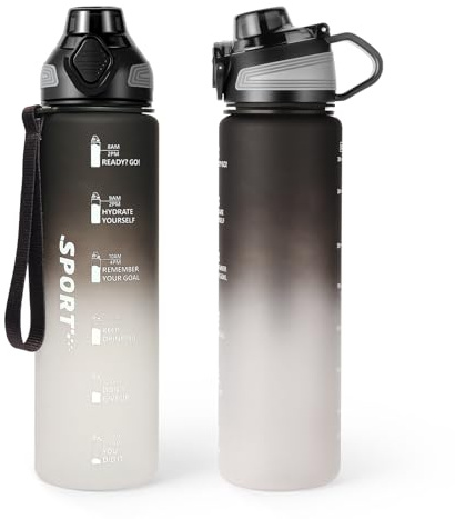 Trinkflasche 1L,Trinkflasche Sport,BPA-freie Tritan-Wasserflasche, Auslaufsicher Sportflasche mit Zeitmarkierung für Fitness, Geeignet für Fitness, Radfahren, Schule und Camping(1 Flasche,1L)