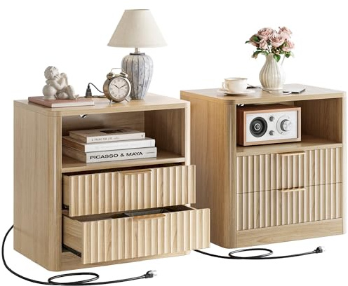 IRONCK Fluted Night Stand Set of 2, Modern Nightstand with Charging Station, Drawers and Open Shelves - Bedside Table Wood Side Table Set for Bedroom, Oak