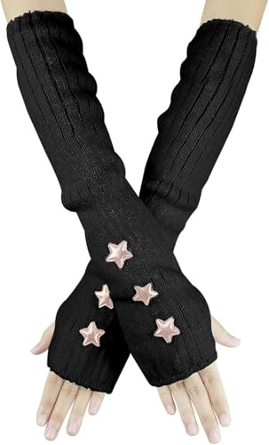 ALUNME Y2K Women Teens Knitted Arm Warmers Japanese Harajuke Cosplay Lolita Cute Fingerless Mittens Thumb Hole Gloves (black)