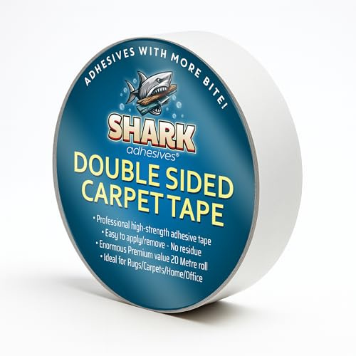 Shark Adhesives Double Sided Grip Tape for Carpets and Rugs 20m Roll- Strong Double-Sided Sticky Tape, Heavy Duty Grip to Stop Moving and Sliding, Ideal for Home Use, Easy to Apply and Remove
