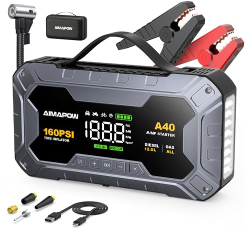 8000A 160PSI Jump Starter Power Pack with Air Compressor, 12V Car Battery Booster Jump Starter Power Bank(all Gas/12L Diesel), Car Starter with LED Flashlight, Force Start, Jump Pack with Jump Leads