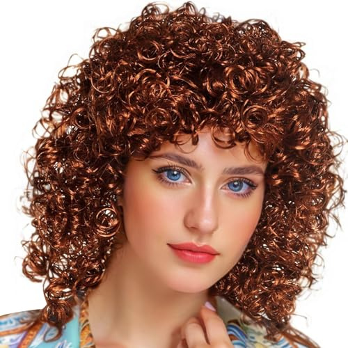 PerüCke Locken Damen Fasching, FaschingsperüCke Damen Braun Lockig, Super Voluminöse Locken Perücke 70 80er, Lockiges Kunsthaar für Karneval, Mottoparty