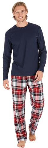 INSIGNIA Mens Jersey Long Sleeve Top With Cotton Flannel Bottoms Pyjamas Sets (UK, Alpha, L, Regular, Regular, Navy -Red)