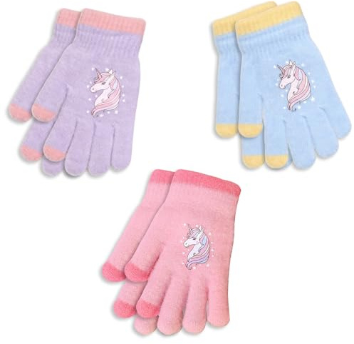 PORUPAEL 3 Pairs Kids Warm Knit Gloves, Toddler Magic Gloves Children's Full Finger Mittens with Novel Unicorn Pattern for 1-5 Years Girls