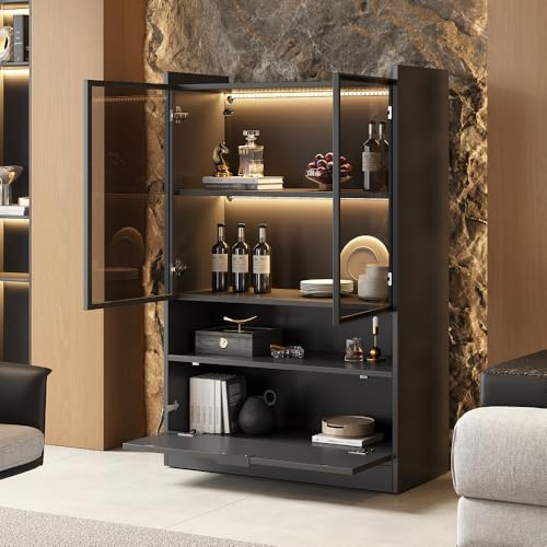 Sapgaks LED-Vitrine, schwarz, matt, 120 cm hoch, mit LED-Beleuchtung, Glasvitrine, freistehend, Wohnzimmermöbel mit Glastüren und Falttür, Spanplatte