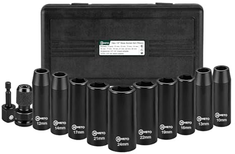 12PCS Deep Impact Set 1/2 Inch Metric Drive Tool Impact Wrench Long Socket Set 10-24mm, with A Impact Bit Holder for Car Repairs Tire Change (12PCS)
