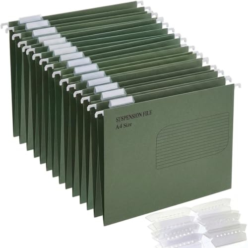A4 Suspension Files Pack of 10 Heavy Duty Green Cardboard Hanging Files with Tabs & Inserts for Office School Filing Cabinet 150 Sheet Capacity