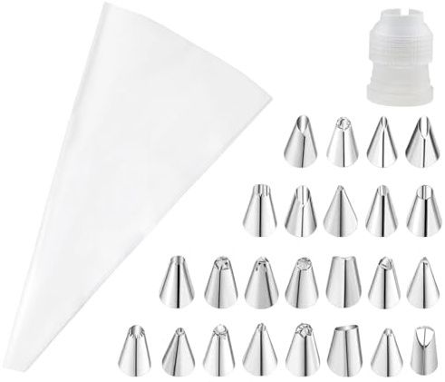 Manga Pastelera Profesional con 24 Boquillas de Acero Inoxidable, Kit de Repostería Reutilizable para Decoración de Tartas, Cupcakes y Galletas, Accesorios de Pastelería Creativa, Blanco