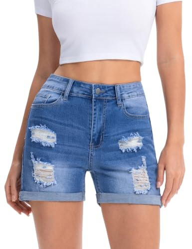 aeonstitch Women's Ripped Denim Shorts High Waisted Casual Summer Shorts with Rolled Hem