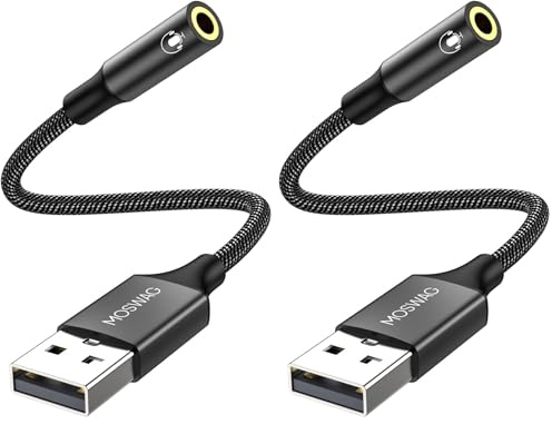 MOSWAG USB to Audio Jack Adapter 0.65Feet/20cm,External Sound Card Jack Audio Adapter with 3.5mm Aux Stereo Converter Compatible with Headset,PC,Laptop,Linux,Desktops,PS4 and More Device (Pack of 2)