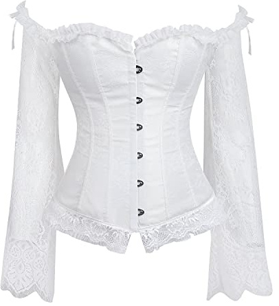 Zooma Corsetto sexy da donna, Top corpetto da donna, con corsetto in vita con maniche, camicia tradizionale con camicetta dirndl corsetto bustier (0183-Bianca, XL)