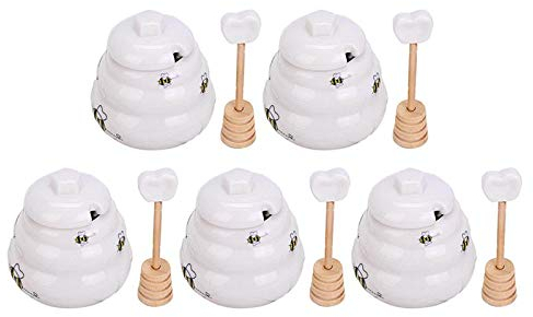 C.X.Y. 10 Pezzi Bomboniere Barattolo Contenitore Porta Miele in Ceramica con Cucchiaio dosatore Legno in Regalo Biglietto Ape