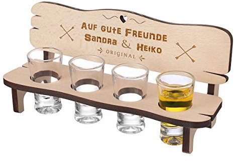 polar-effekt Schnapsbank aus Holz mit 4 Schnapsgläser - Geschenkidee aus Holz - hochwertig verarbeitet - personalisiertes Geschenk für besondere Anlässe - Motiv Auf Gute Freunde