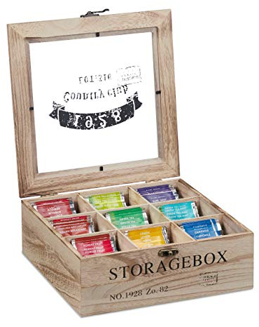 Relaxdays Scatola Porta tè e Tisane, 9 Scomparti, Cofanetto con Finestrella, Organizer per Capsule del Caffè, Naturale, 1 pz