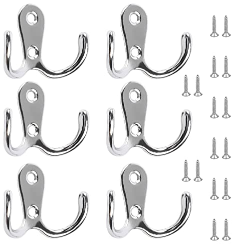6 PCS Dual Coat Door Hooks, Double Prong Wall Mounted Hooks with 16 PCS Screws for Hanging Hat Tie Clothes Towel Metal Retro Cloth, Chrome Hanger for Bedroom Bathroom Kitchen,Silver