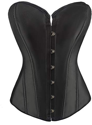 RHISLEO Women Satin Plain Pure Black Bustier Top Burlesque Basque Shaper Boned Corset (Black, 12)