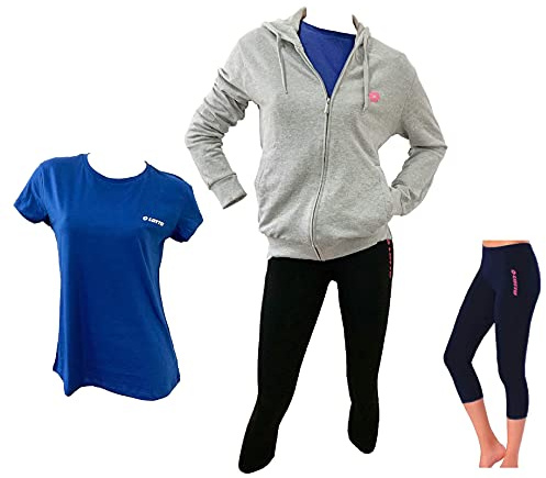 Lotto Tuta Donna Estiva, 2 PEZZI + T-SHIRT OMAGGIO, Giacca in felpa estiva, leggings modello CAPRI in cotone elasticizzato, T-SHIRT in cotone in OMAGGIO (FELPA GRIGIO + CAPRI NERO+ T/S BLUETTE, XL)