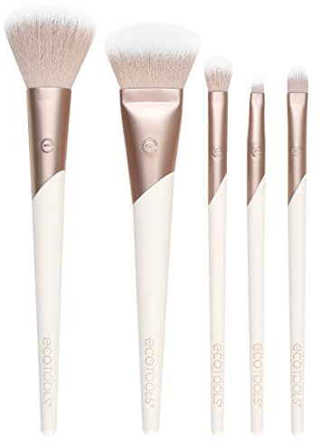 EcoTools Luxe Natural Elegance Professional Face Makeup & Foundation Brush Set, Premium Brush Kit For Face, Cheek, & Eye Makeup, Synthetic Makeup Brushes, Vegan & Cruelty-Free, 5 Piece Set
