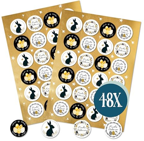 Osteraufkleber Frohe Ostern, 48 Stück: Ostersticker Selbstklebend, Aufkleber Osterhase & Ostereier, Sticker Rund, Geschenkaufkleber Tüten, Osteretiketten Schwarz, Weiß & Gold, Etiketten Klein, ⌀ 4 cm
