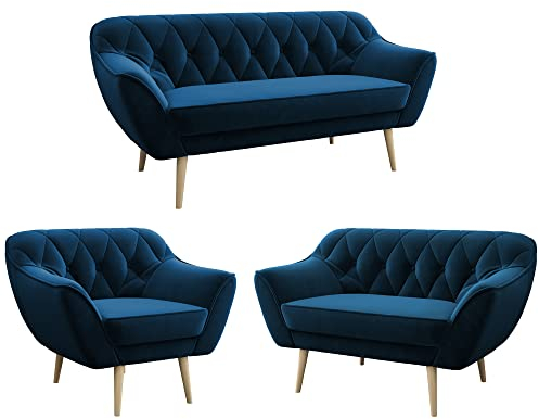 MKS MEBLE Sofa Blau - Moderne Sofa Set 3+2+1 - Skandinavische Deko Polstersofa - Pirs Zwei Loungesofas und Sessel - Sechs Personen Dunkelblau