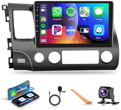 DSP Car Stereo Radio for Honda Civic 2006-2011 with Wireless Carplay Android Auto MirrorLink,Podofo 10.1 inch HD IPS Touch Screen Built-in GPS 26UIs 5.0Bluetooth Car Radio WiFi AHD Backup Camera Mic
