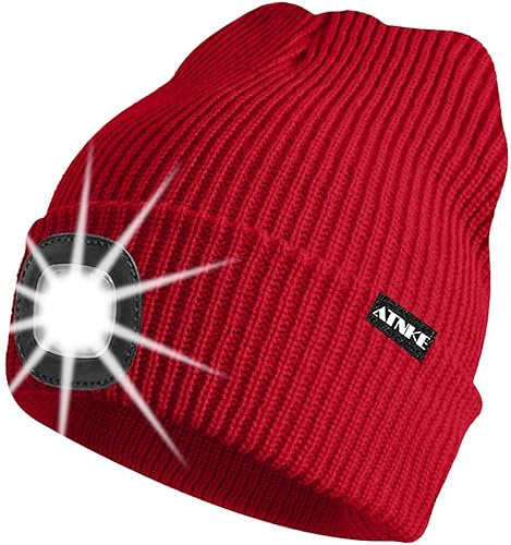 ATNKE Unisex LED Mütze mit Licht,Wiederaufladbare USB 4 LED Beleuchtete Laufmütze Extrem Heller Lampe Winter Warme Stricken Mütze für Herren und Damen Geschenke/Red