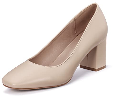 GENSHUO Femme Escarpins Talon Bloc, Nude Model-606, 40 EU | Talon Bloc 7 cm, Pointe Carrée, Slip-On, Cuir Synthétique Laqué, Escarpins Confort pour Bureau Église Mariage